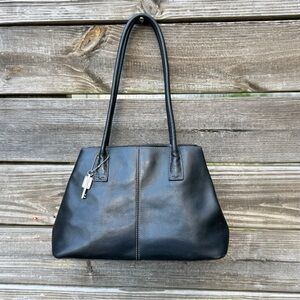 Vintage Fossil Classic Black Leather Satchel Bag Shoulder Tote w/Signature Charm
